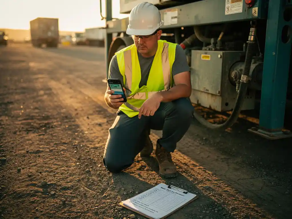 Field worker in high-visibility vest crouching at remote industrial site, using WhatsApp on smartphone beside a clipboard checklist in golden afternoon light.