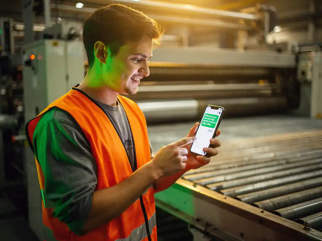 Nieuwe flexwerker in productiehal leest WhatsApp-onboardinginstructies op smartphone, gekleed in veiligheidsvest naast industriële transportband.