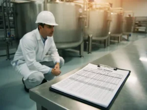 Food safety inspector in white coat and hard hat crouching beside stainless steel processing equipment, reviewing temperature logs and hygiene checklists.