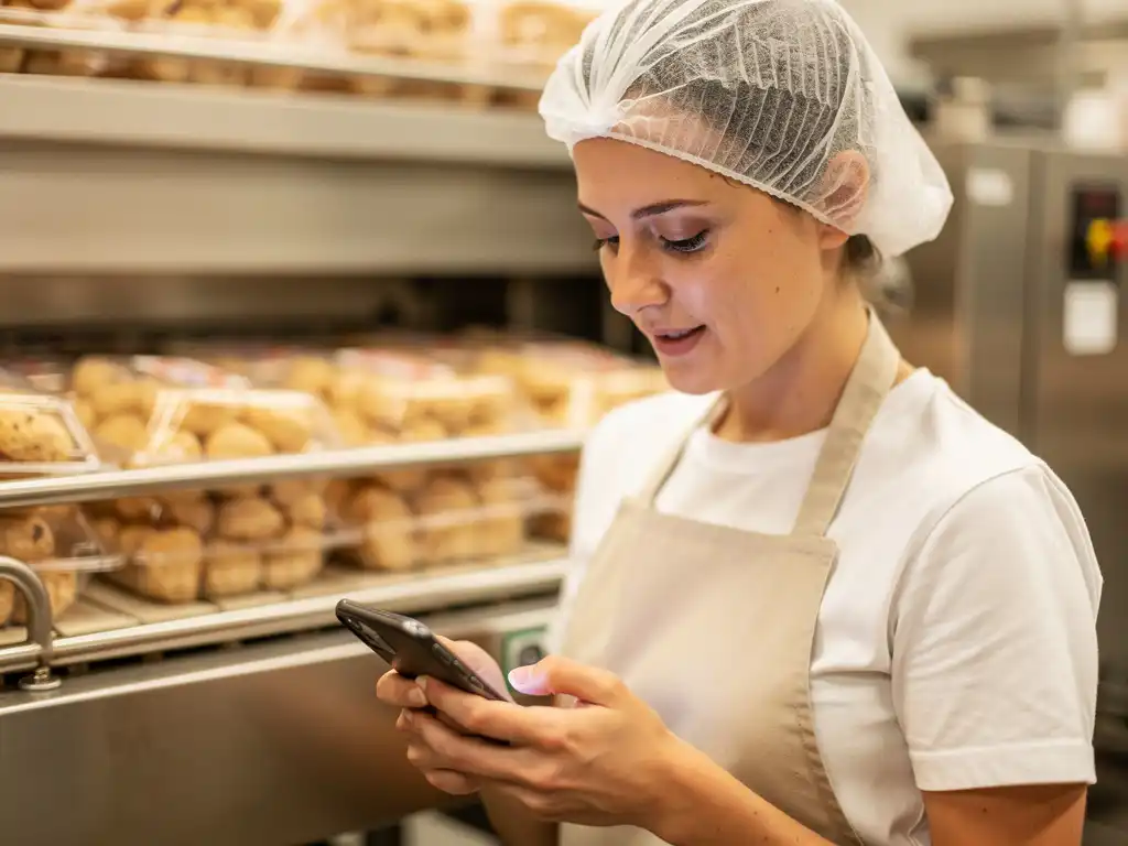 Food production worker in hairnet and apron reading a WhatsApp message on a smartphone beside a stainless steel processing line.