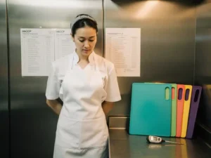 New food industry employee in white apron reviewing HACCP temperature checklist on stainless steel kitchen wall beside a digital thermometer and color-coded cutting boards.