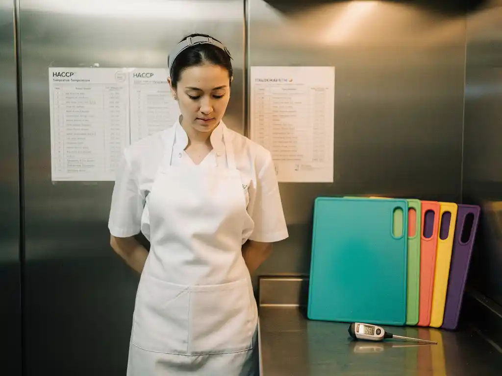 New food industry employee in white apron reviewing HACCP temperature checklist on stainless steel kitchen wall beside a digital thermometer and color-coded cutting boards.