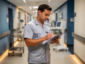 Facilities worker in clean uniform reviewing clipboard during hospital corridor inspection, stainless steel equipment visible in background.