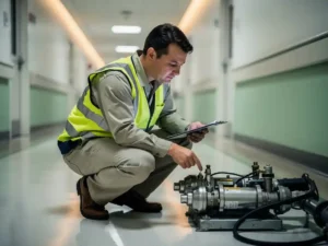 Safety-vested worker crouching to inspect industrial floor equipment in a hospital corridor, clipboard on knee, soft overhead lighting.