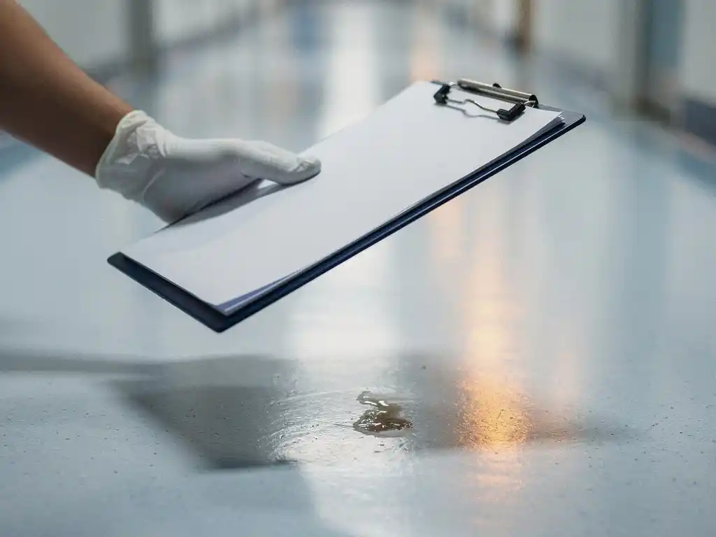 Gloved hand holding an inspection clipboard over a hospital corridor floor, with a small stain visible just outside the checklist's edge.