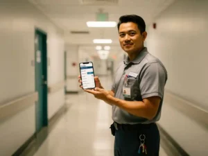 Facilities worker reviewing a digital inspection checklist on a smartphone in a sterile hospital corridor with soft fluorescent lighting.