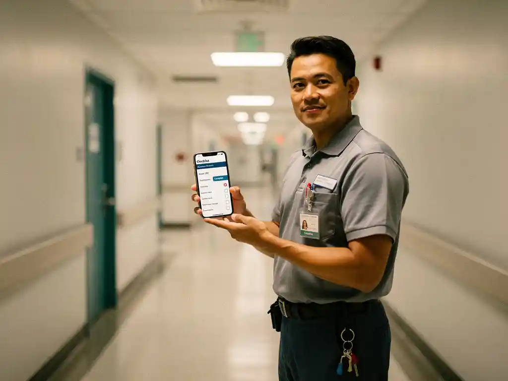 Facilities worker reviewing a digital inspection checklist on a smartphone in a sterile hospital corridor with soft fluorescent lighting.