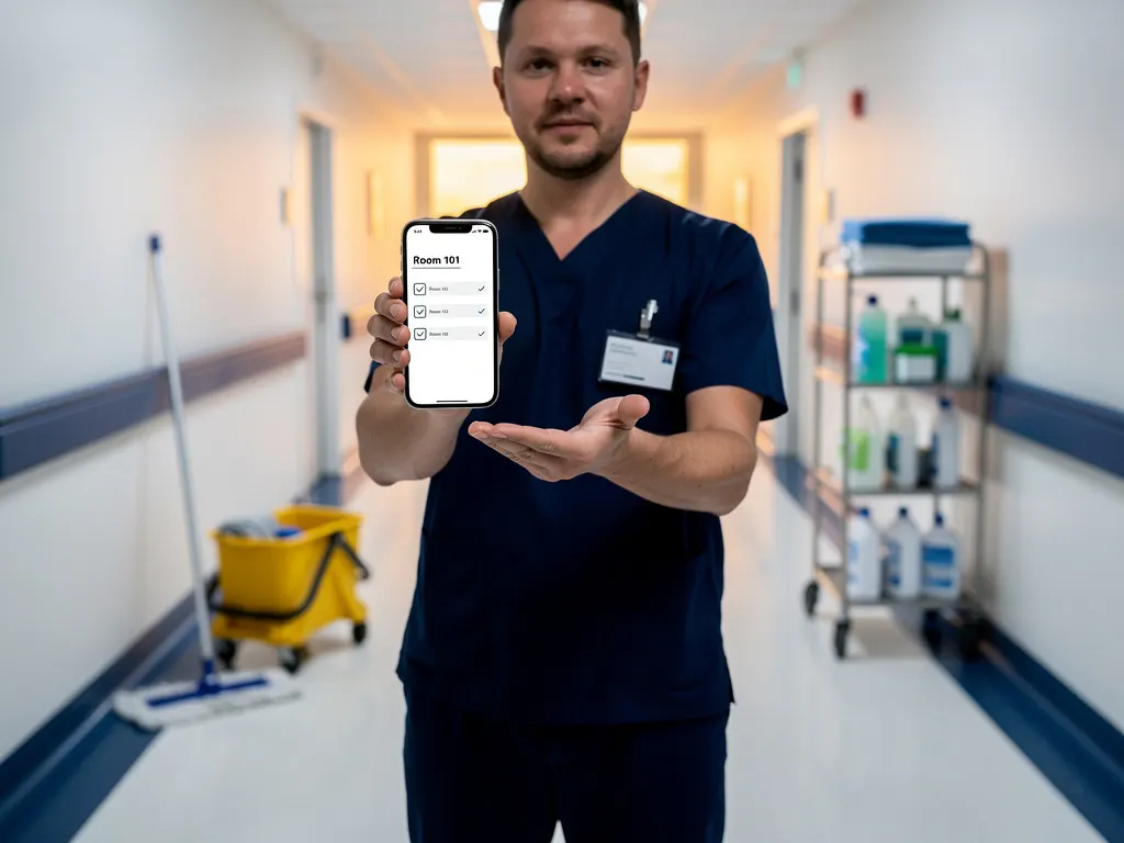 Facilities worker in a hospital corridor reviewing a digital checklist on a smartphone, with a mop cart and supply trolley in the background.