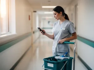 Facilities worker reviewing a workplace inspection checklist on a smartphone in a hospital corridor with mop bucket and supply cart nearby.