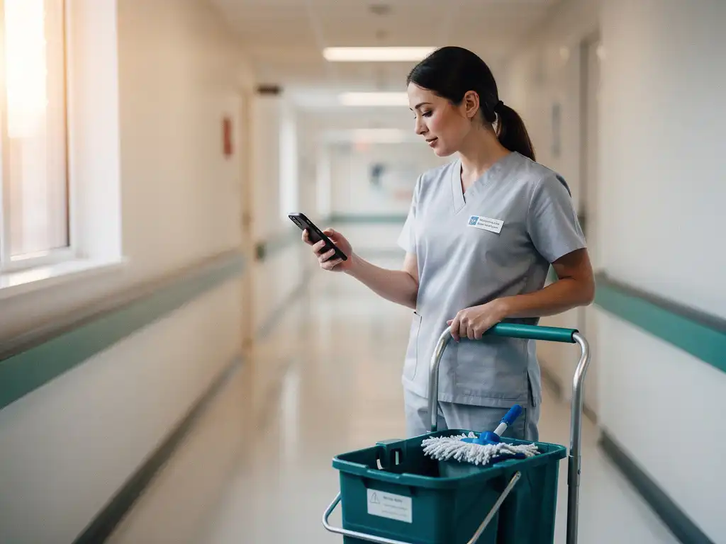 Facilities worker reviewing a workplace inspection checklist on a smartphone in a hospital corridor with mop bucket and supply cart nearby.