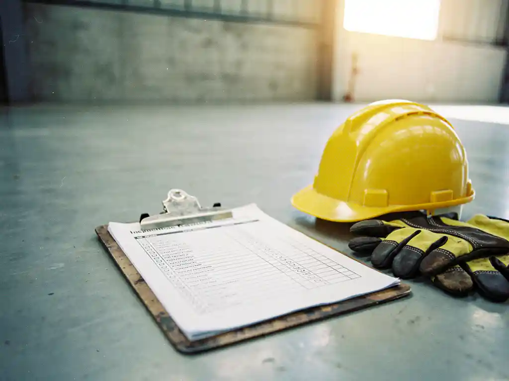 Worn metal clipboard with filled inspection checklist on industrial facility floor, yellow hard hat and safety gloves beside it.