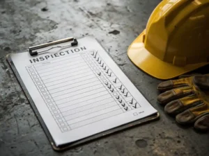 Worn metal clipboard with completed inspection checklist on concrete floor beside yellow hard hat and safety gloves.