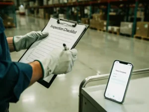 Gloved worker holding inspection checklist clipboard on polished industrial floor, smartphone with completed form nearby, professional warehouse setting.