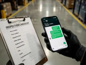 Gehandschoende hand fotografeert werkplekinspectielijst op klembord in magazijn met smartphone.