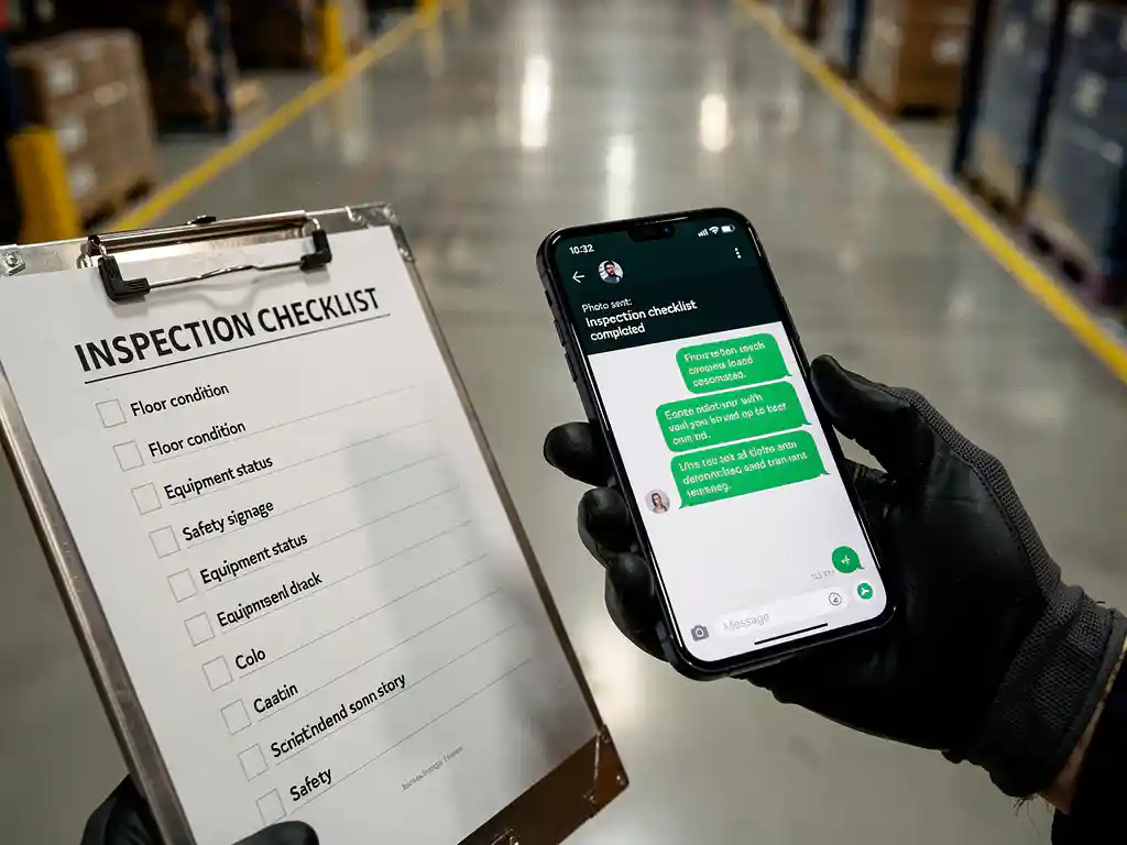 Gehandschoende hand fotografeert werkplekinspectielijst op klembord in magazijn met smartphone.