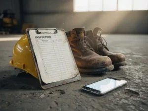 Metal clipboard with inspection checklist on concrete floor beside yellow safety helmet, work boots, and smartphone in a warehouse.