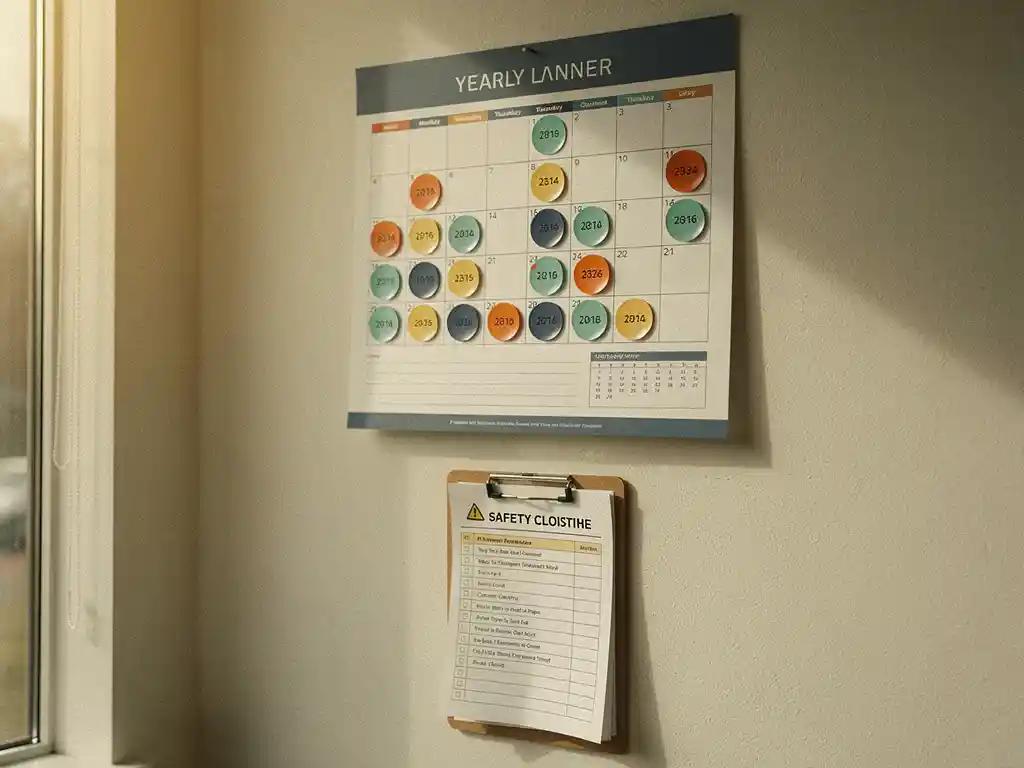 Gelamineerde jaarplanner op kantoorwand met gekleurde stickers op inspectiedata, klembord met veiligheidschecklist eronder, warm natuurlijk licht.