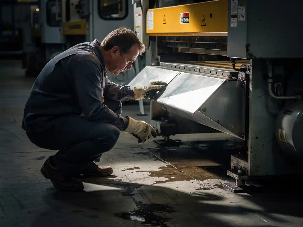 Worker in safety gloves crouching to inspect a machine guard on an industrial production floor with heavy equipment nearby.
