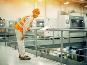 Magazijnmedewerker in veiligheidshelm en oranje vest inspecteert schone fabriekshal met klembord op metalen reling.
