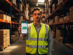 Nieuwe magazijnmedewerker in veiligheidsvest leest trainingsberichten op smartphone tussen palletrekken en dozen in distributiecentrum.