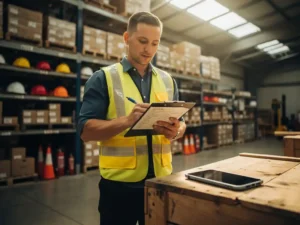 Magazijntoezichthouder in veiligheidsvest controleert klembord tijdens werkvloer inspectie, industriële stellingen op de achtergrond.