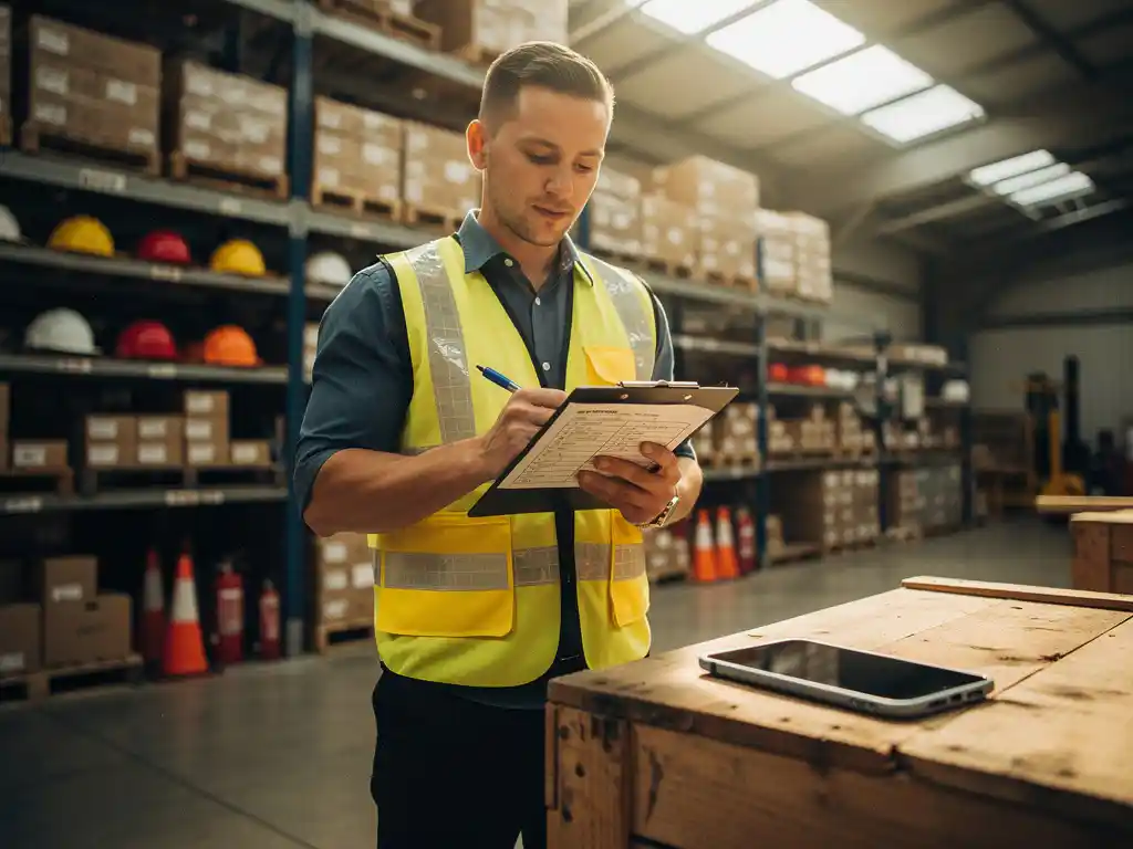 Magazijntoezichthouder in veiligheidsvest controleert klembord tijdens werkvloer inspectie, industriële stellingen op de achtergrond.