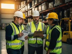 Magazijnopzichter bespreekt checklist op klembord met medewerkers in veiligheidsvesten en helmen op actieve magazijnvloer.