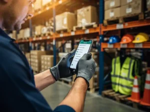 Magazijnmedewerker met handschoenen scant inspectiechecklist op smartphone tussen industriële stellingen en veiligheidsuitrusting.