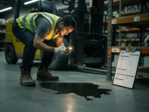 Magazijnmedewerker fotografeert gemorste vloeistof op betonvloer met smartphone, clipboard met inspectielijsten tegen schap, heftruck op achtergrond.