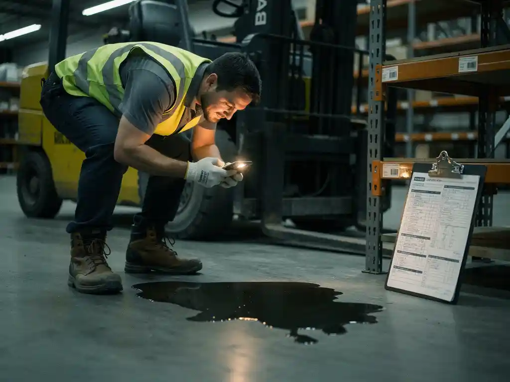 Magazijnmedewerker fotografeert gemorste vloeistof op betonvloer met smartphone, clipboard met inspectielijsten tegen schap, heftruck op achtergrond.