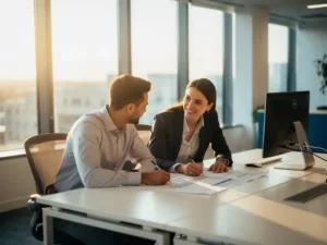 Manager knielt naast nieuwe medewerker aan modern bureau om samen een document te bekijken in licht kantoor.