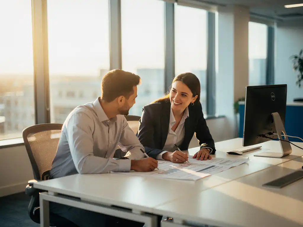 Manager knielt naast nieuwe medewerker aan modern bureau om samen een document te bekijken in licht kantoor.