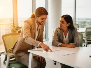 Manager kneeling beside new employee at modern desk, reviewing printed onboarding checklist together in sunlit office.