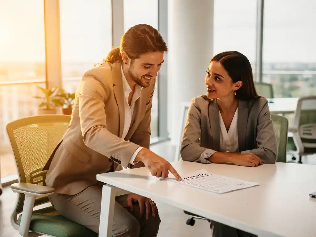 Manager kneeling beside new employee at modern desk, reviewing printed onboarding checklist together in sunlit office.