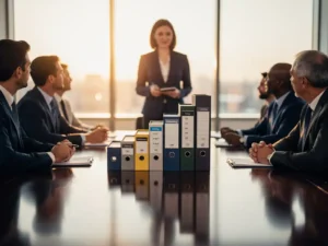 HR-professional presenteert groeigrafiek van onboardingmappen aan executives in vergaderzaal met gouden daglicht.