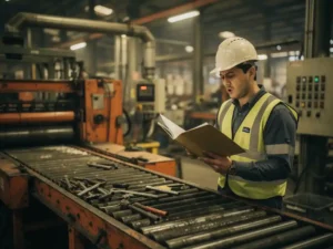 New factory employee holding a thick paper manual beside an idle conveyor belt, looking confused on a cluttered industrial production floor.