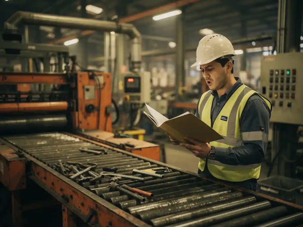 New factory employee holding a thick paper manual beside an idle conveyor belt, looking confused on a cluttered industrial production floor.