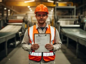 New production employee in hard hat and safety vest reviewing clipboard checklist on active factory floor with conveyor belts in background.