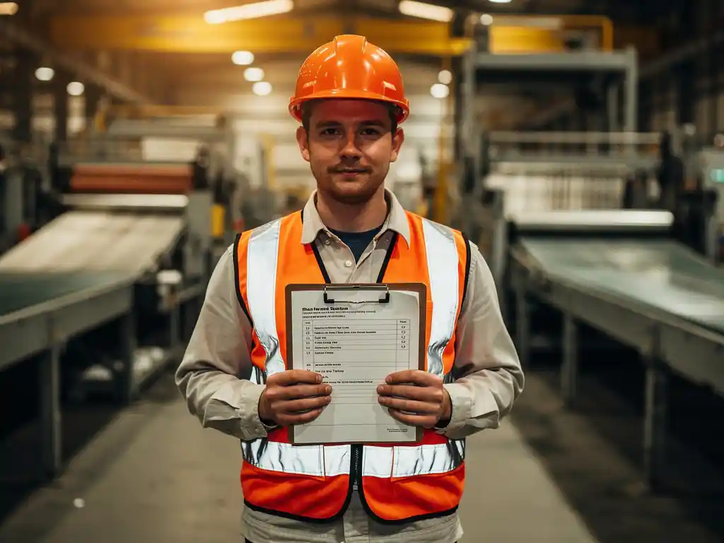 New production employee in hard hat and safety vest reviewing clipboard checklist on active factory floor with conveyor belts in background.