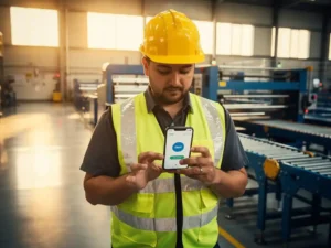 New factory employee in hard hat and safety vest reviewing a training module on smartphone amid industrial machinery on a modern production floor.