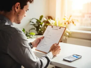 New employee reviewing an onboarding checklist at a modern desk with a smartphone nearby, bathed in warm natural light.