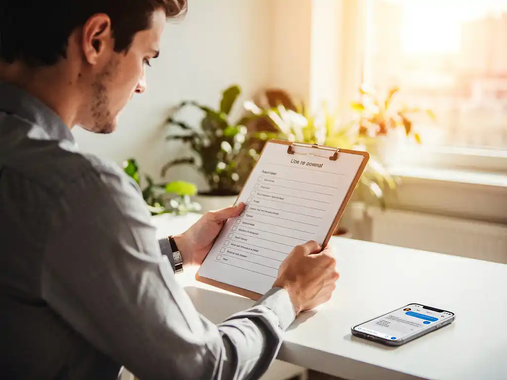 New employee reviewing an onboarding checklist at a modern desk with a smartphone nearby, bathed in warm natural light.