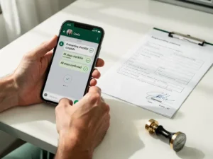 New employee holding smartphone with completed WhatsApp onboarding checklist beside signed document and audit stamp on clinic desk.