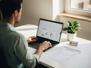 New employee at a modern desk with an onboarding checklist, open laptop, company badge, and green plant in warm natural light.