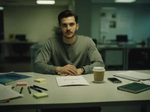 New employee sitting alone at a cluttered onboarding desk with an unopened welcome folder, cold coffee, and idle smartphone under dim office lighting.
