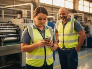 New factory employee in safety vest reading onboarding instructions on smartphone beside senior colleague on production floor.