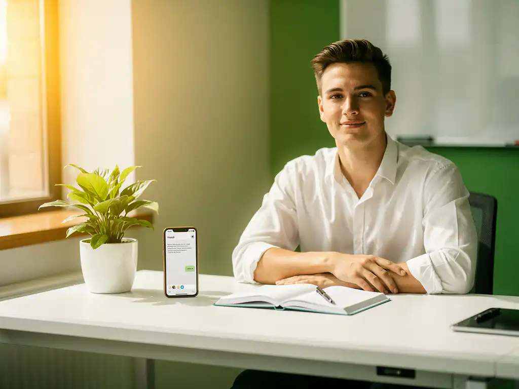 New employee smiling at a modern desk with a chat app on phone, open notebook, and small green plant in warm golden light.