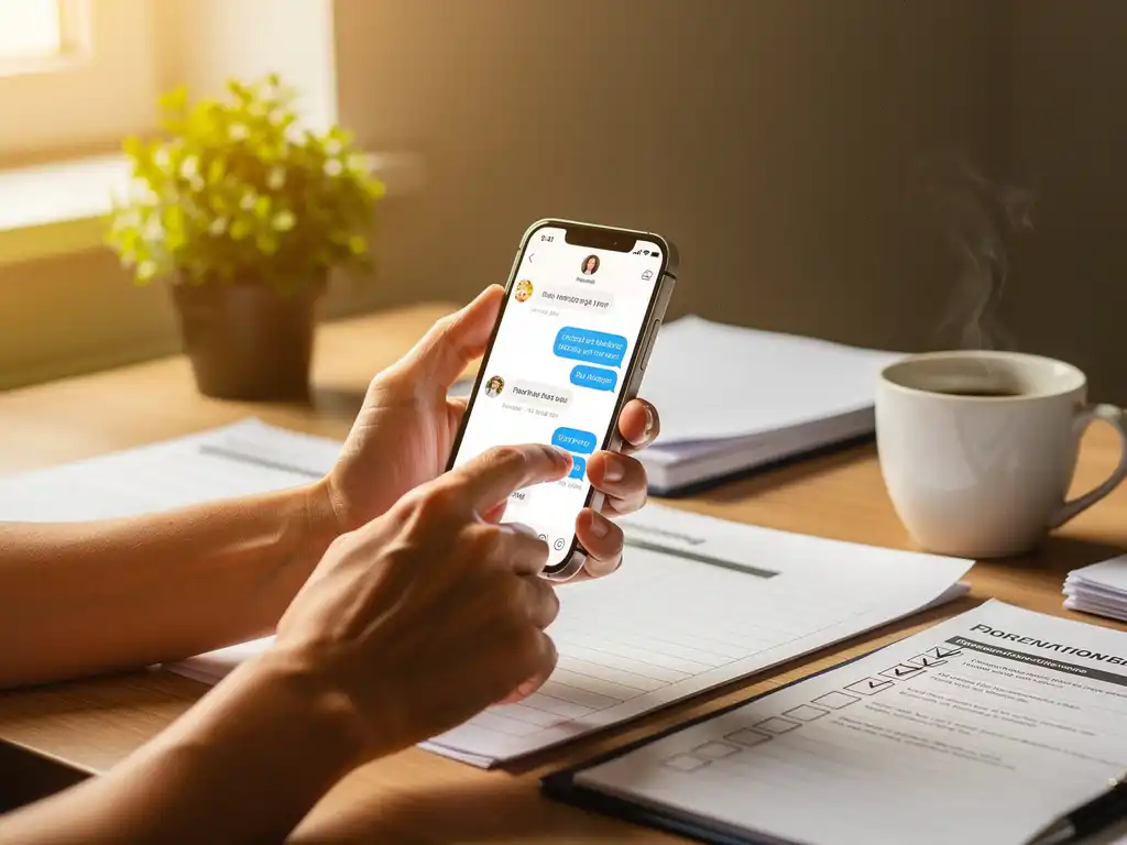 New employee holding smartphone with onboarding chat, checklist and coffee on wooden desk in warm natural light.