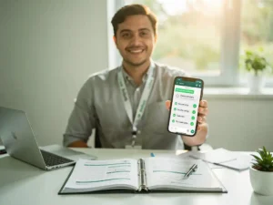 New employee reviewing a WhatsApp onboarding checklist on a smartphone at a bright modern workspace with a company lanyard and orientation folder.