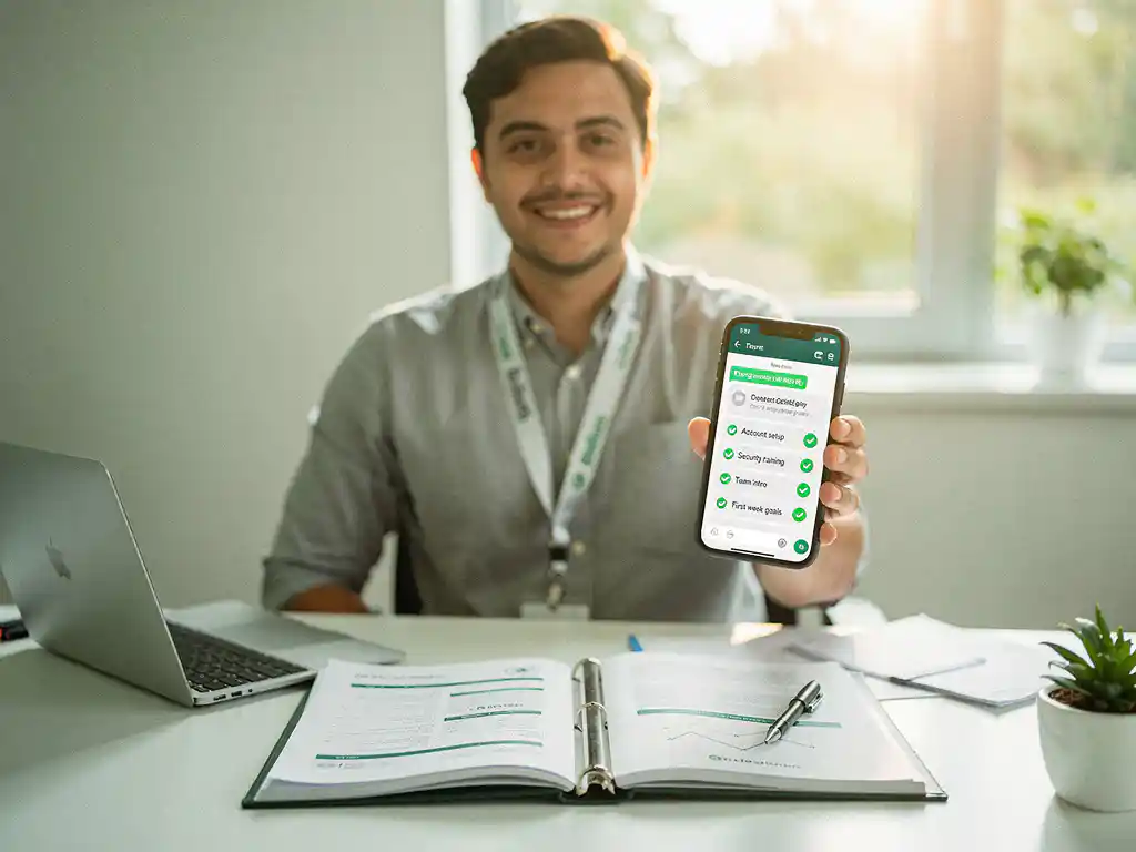 New employee reviewing a WhatsApp onboarding checklist on a smartphone at a bright modern workspace with a company lanyard and orientation folder.